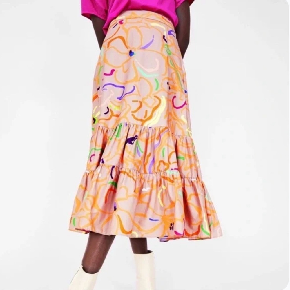 Tanya Taylor Katli Floral Tiered Midi Skirt Multicolor Size 0 Zip Up Cotton